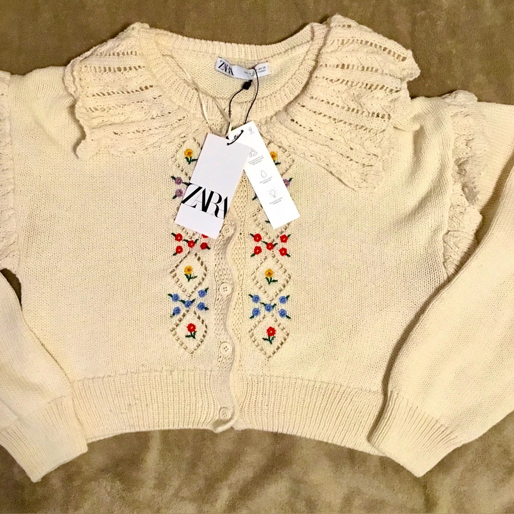 NWT ZARA FLORAL EMBROIDERED KNIT CARDIGAN ECRU